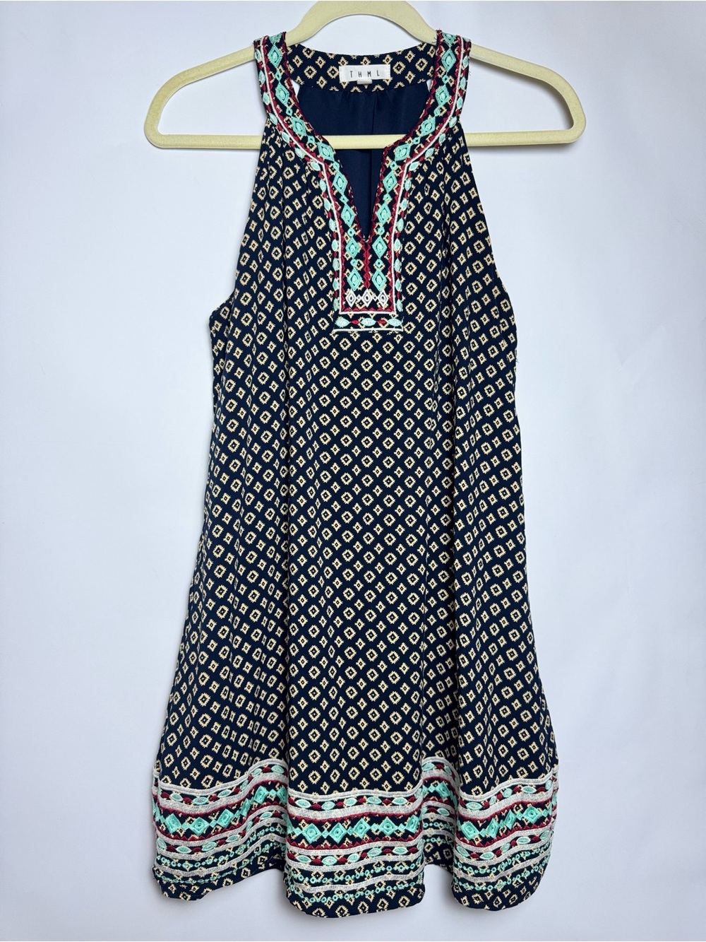 THML Navy Diamond-Print Mini Dress with Mint & Coral Trim